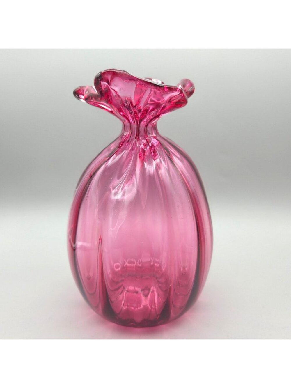 Vintage Pilgrim Glass Cranberry Pink Sack Vase 9" Ruffled Art Glass Money Bag